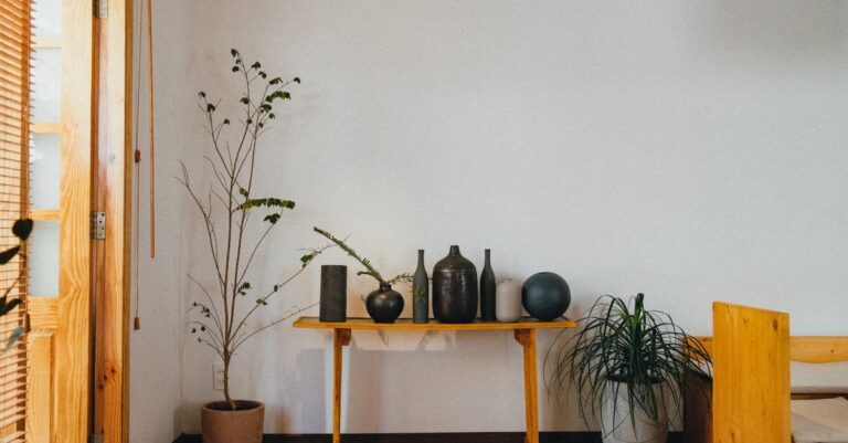 Serene minimalist interior featuring ceramics and potted plants on a wooden table against a white wall.